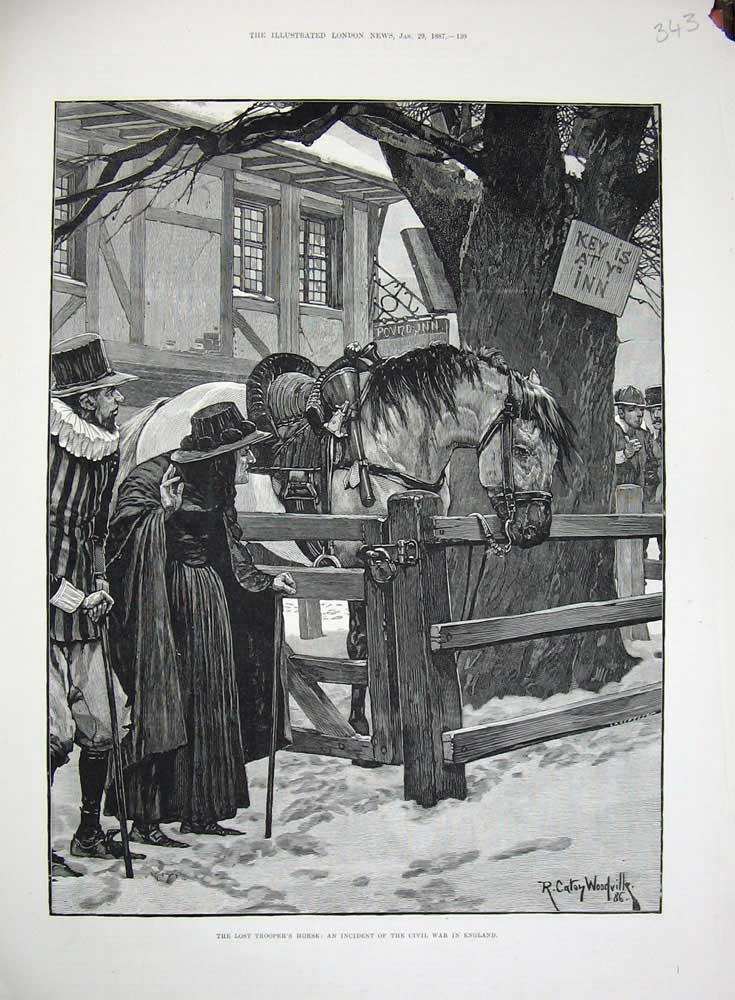 Old Antique Print 1887 Civil War England Horse People Inn Woodville Art 19th