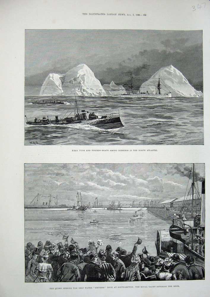 Old Antique Print Ship Tyne Torpedo Boats 1890 Icebergs Southampton Dock 19th