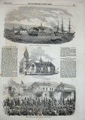 Old Antique Print 1854 Phoebe Devonport Dockyard Church Railway Plymouth 19th