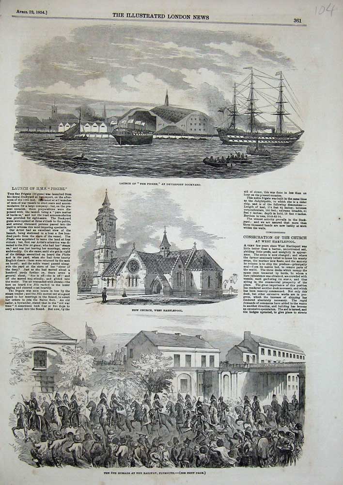 Old Antique Print 1854 Phoebe Devonport Dockyard Church Railway Plymouth 19th