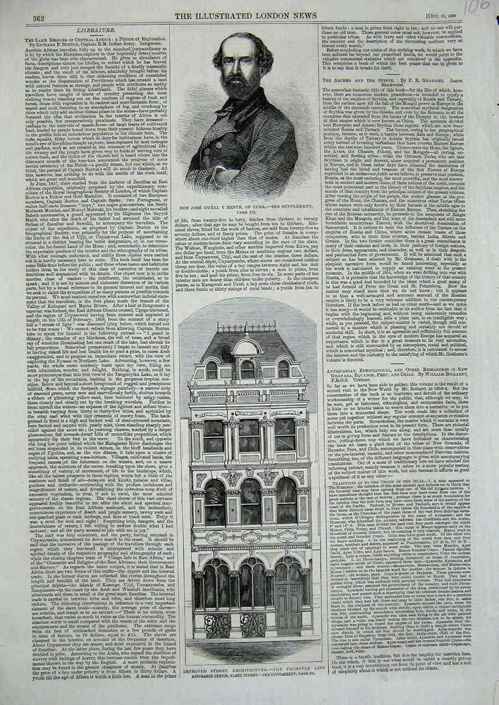 Original Old Antique Print 1860 Don Joese Guell Rente Cuba Architecture Fleet