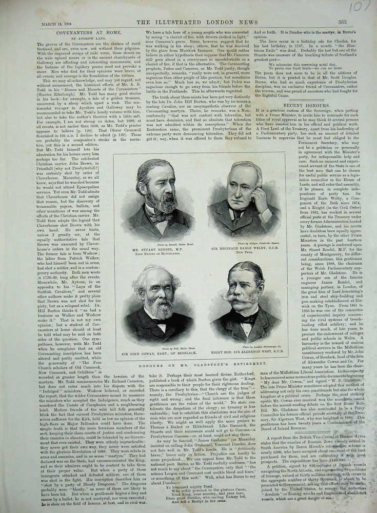 Old Antique Print 1894 Stuart Rendel Welby John Cowan Algernon Gladstone 19th