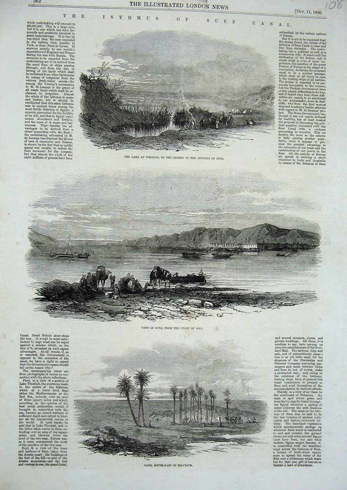 Original Old Antique Print 1856 Suez Canal Lake Timshah Isthmus Oasis Pelusium