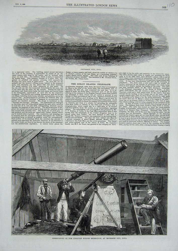 Old Antique Print 1869 Jefferson City Iowa Observatory Canadian Eclipse 19th