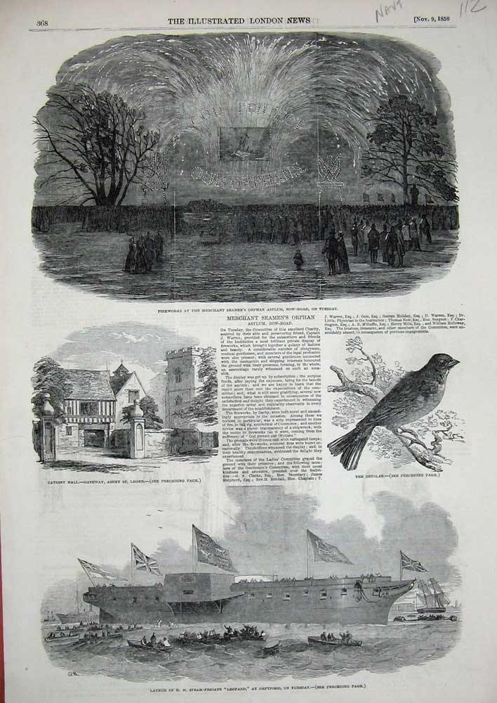Original Old Antique Print 1850 Steam Ship Leopard Gatesby Ashby Ortolan Asylum