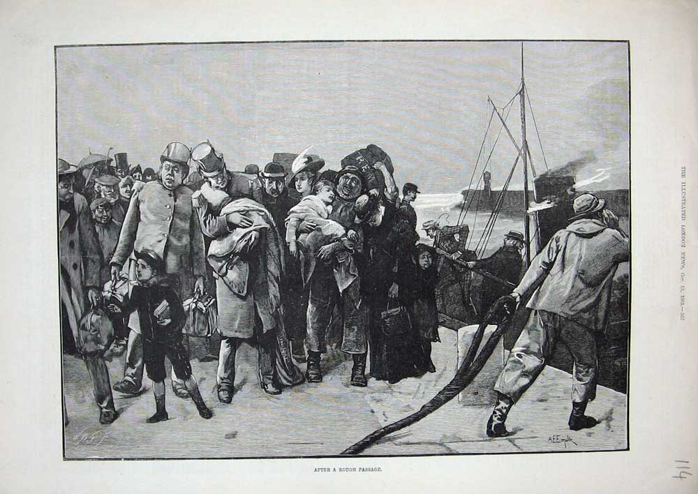 Original Old Antique Print 1883 Passenger Ship Stormy Sea People 19th
