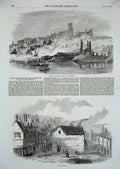 Original Old Antique Print 1854 Conflagration Explosion Gateshead Ruins Boats