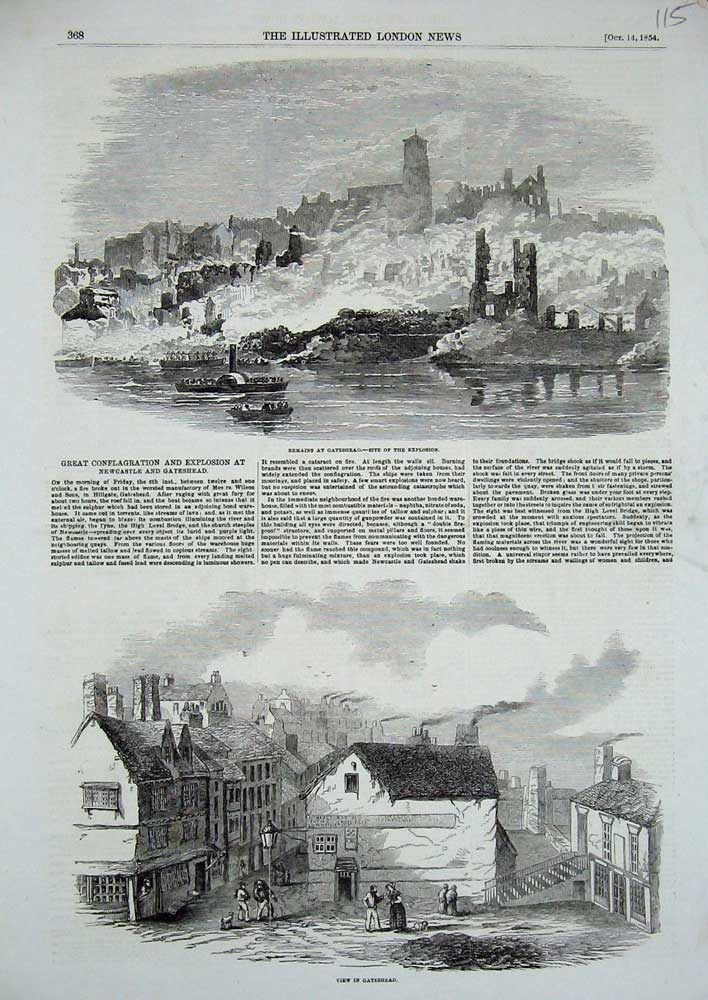 Original Old Antique Print 1854 Conflagration Explosion Gateshead Ruins Boats