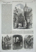 Old Antique Print 1867 La Grosse Horlodge Rouen Rue Bac Cloister Maclou 19th