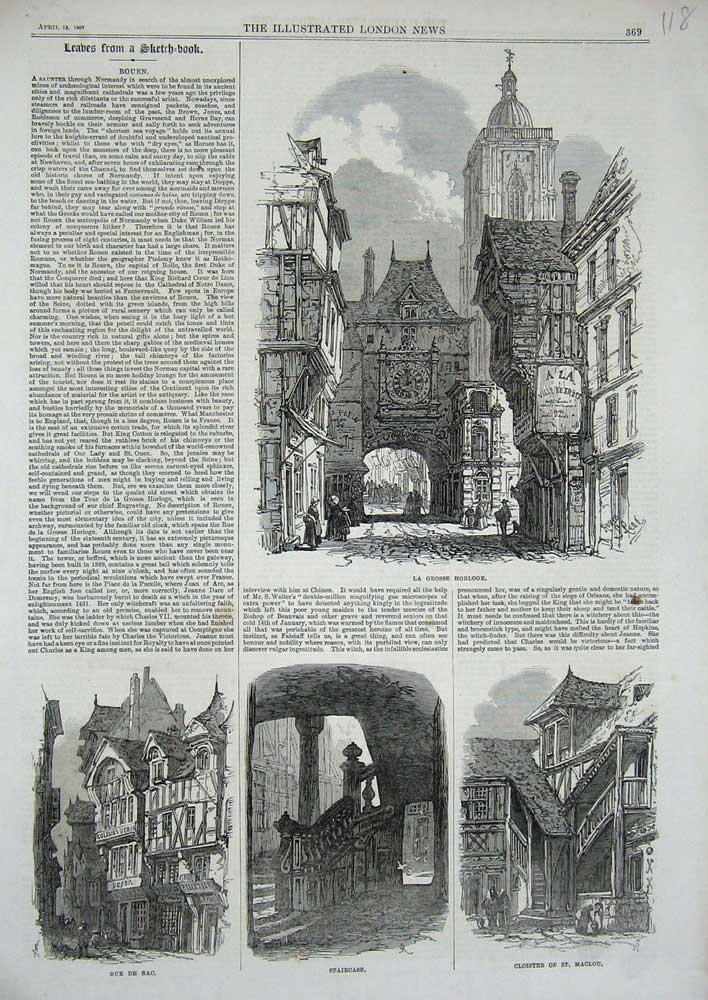Old Antique Print 1867 La Grosse Horlodge Rouen Rue Bac Cloister Maclou 19th