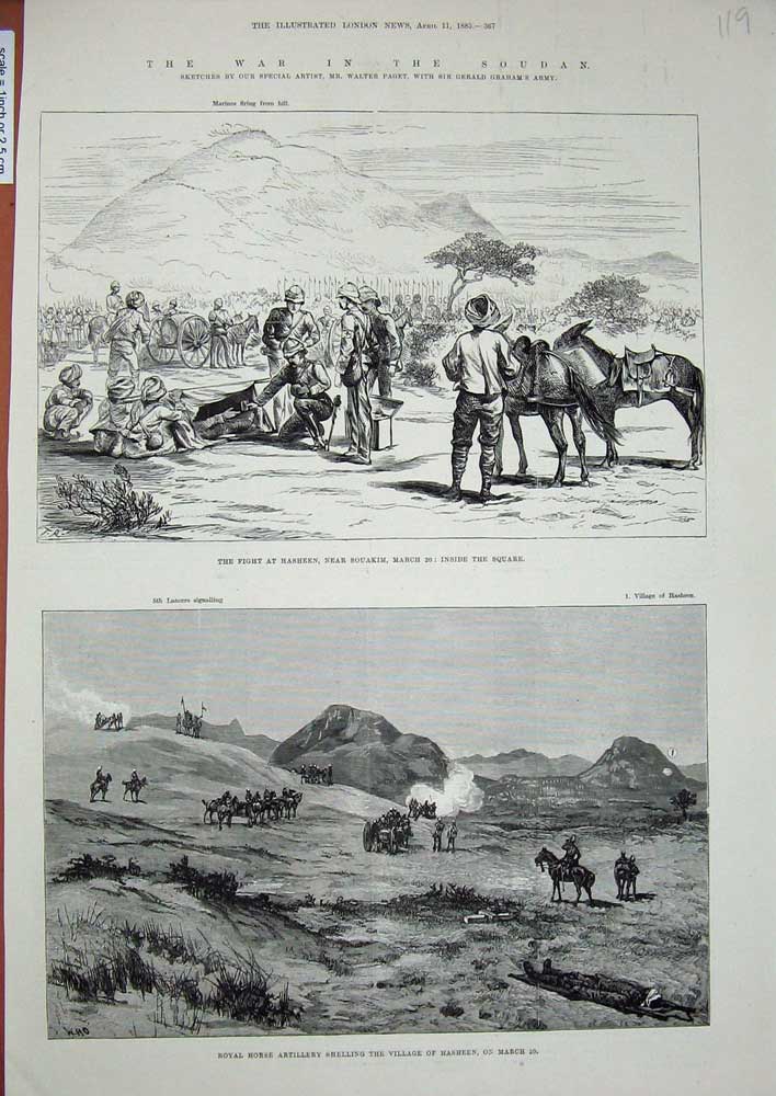 Original Old Antique Print Soudan War 1885 Fight Hasheen Souakim Shelling Siers