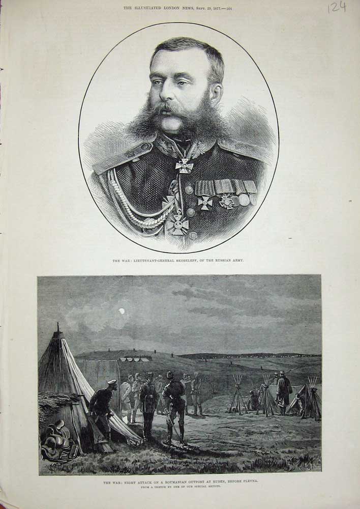 Original Old Antique Print 1877 War Lieutenant Skobeleff Russian Ruben Plevna