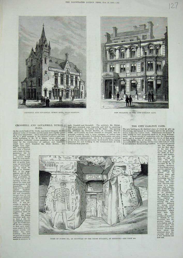 Old Antique Print 1880 Govanhill Burgh Glasgow Carlton Club Tomb Nofre Ma 19th