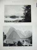 Old Antique Print 1891 Cathedral Peaks Manapouri Risan Cove Otago Zealand 19th