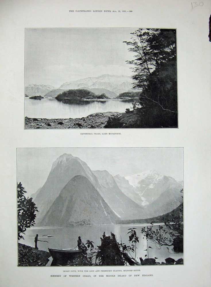 Old Antique Print 1891 Cathedral Peaks Manapouri Risan Cove Otago Zealand 19th