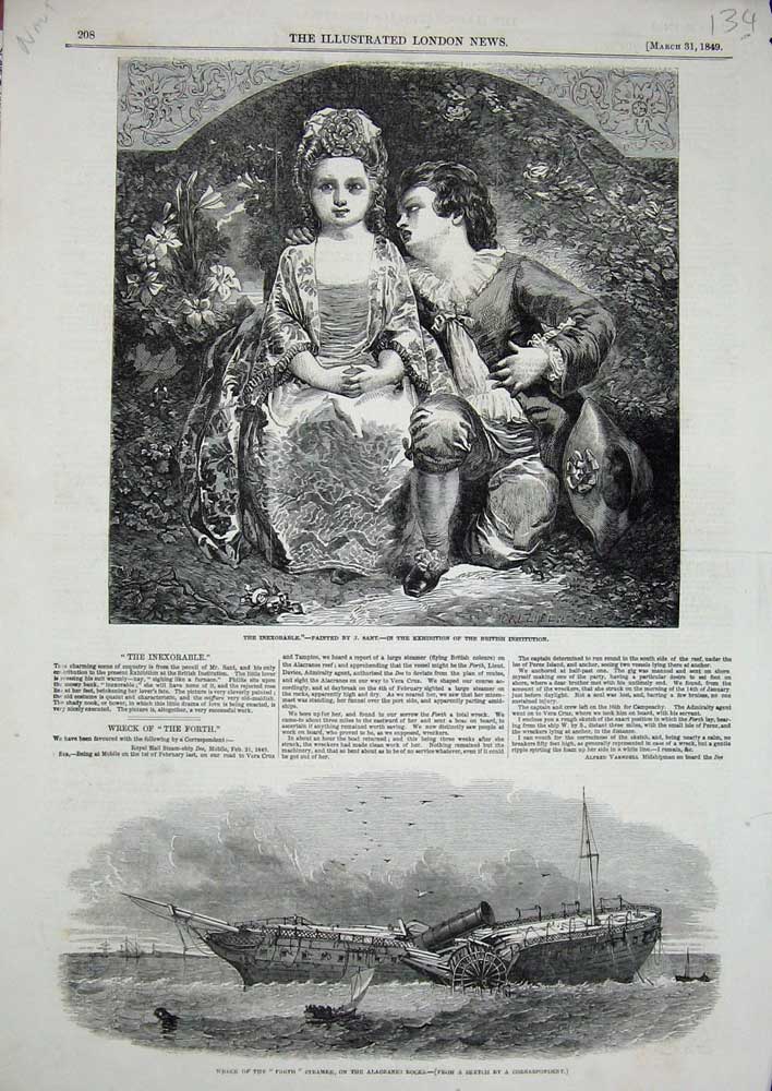 Old Antique Print 1849 Ship Wreck Forth Steamer Alacranes Rocks Boy Girl 19th
