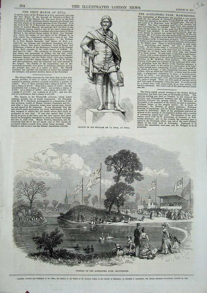 Old Antique Print 1870 Statue William Pole Hull Alexandra Park Manchester 19th