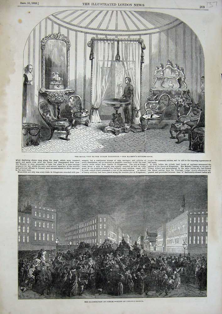 Original Old Antique Print 1853 Dublin Exhibition Queen Illuminations Carlisle