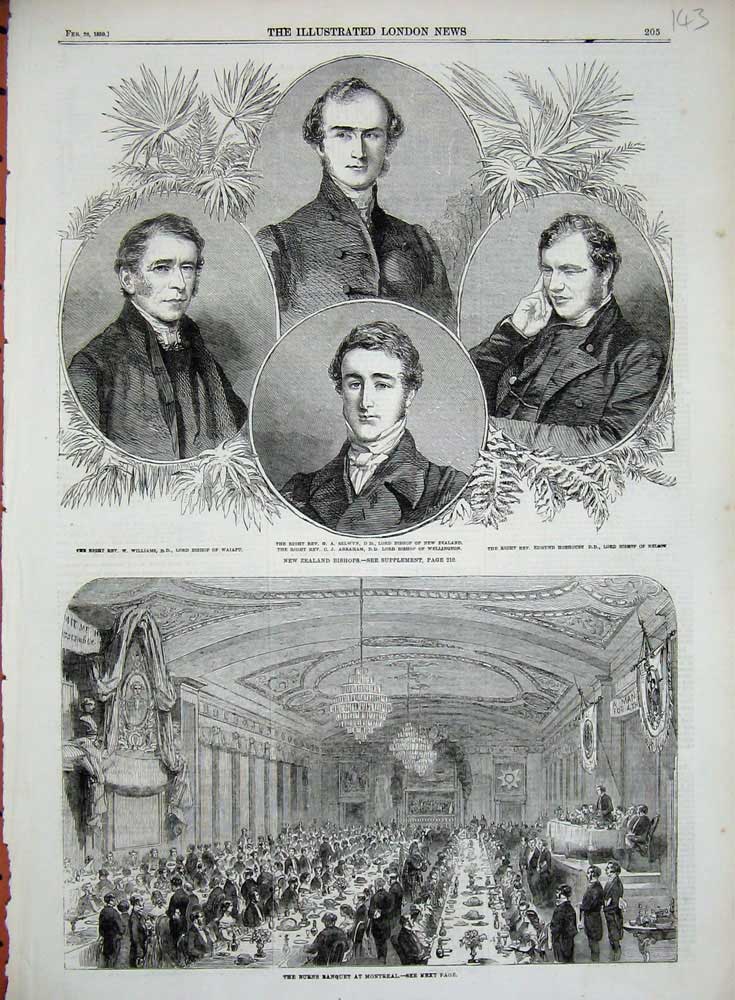 Old Antique Print 1859 Burns Banquet Montreal New Zealand Bishops Selwyn 19th