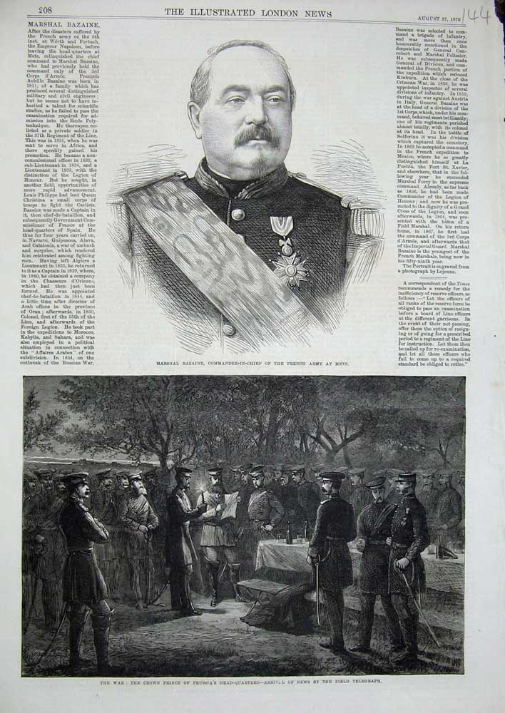 Old Antique Print 1870Marshal Bazaine French Army Metz War Prince Prussia 19th