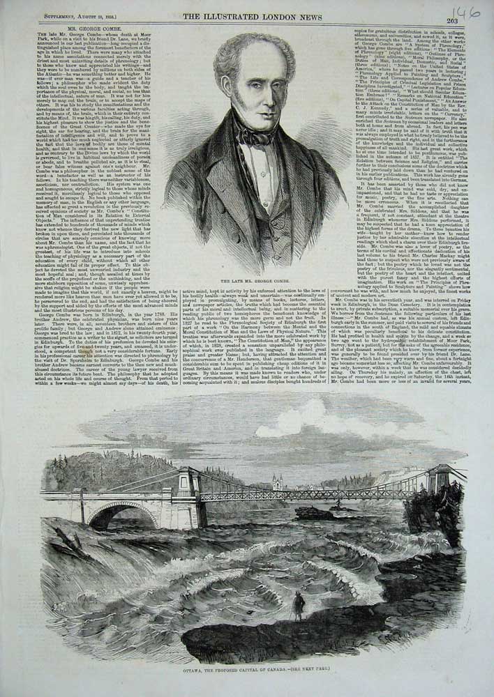 Original Old Antique Print 1858 George Combe Ottawa Capital Canada River Bridge