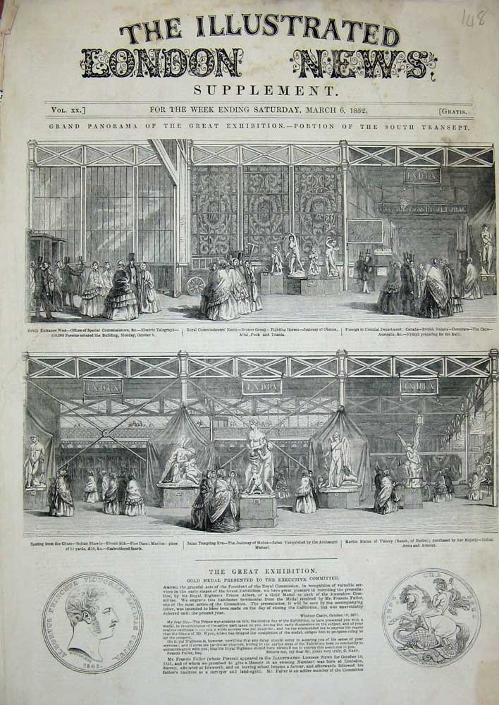 Old Antique Print 1852 Statue Victory Satan Indian Shawl Exhibition Medal 19th
