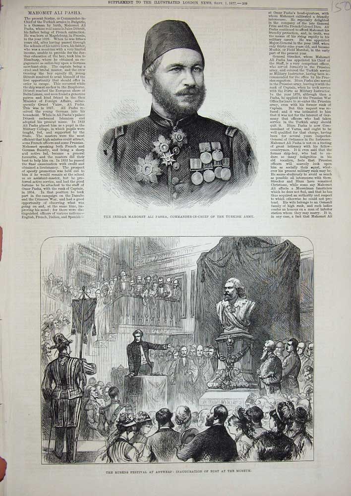 Old Antique Print 1877 Serdar Mahomet Pasha Turkish Army Rubens Antwerp 19th