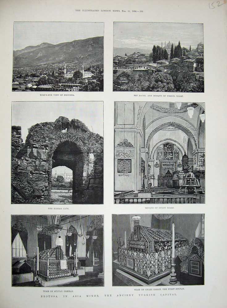 Old Antique Print 1890 Broussa Asia Minor Mosque Oulou Tomb Orkhan Ghazi 19th