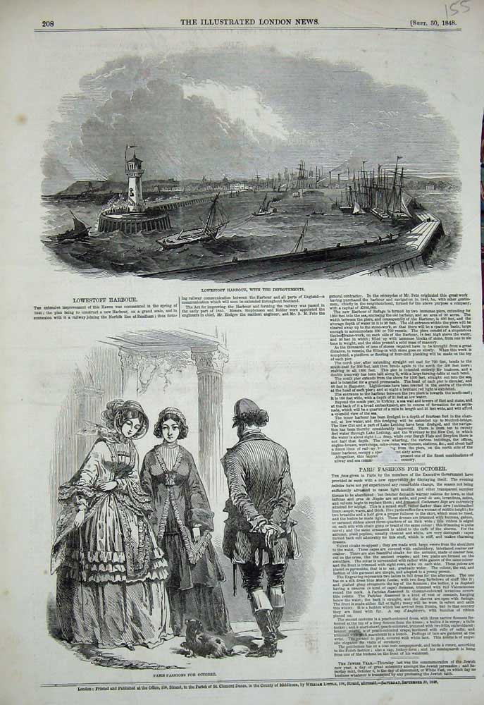 Old Antique Print 1848 Lowestoff Harbour Lighthouse Paris Womens Fashion 19th
