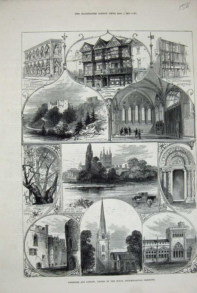 Original Old Antique Print 1877 Hereford Ludlow Cathedral Castle Druids Oak Wye