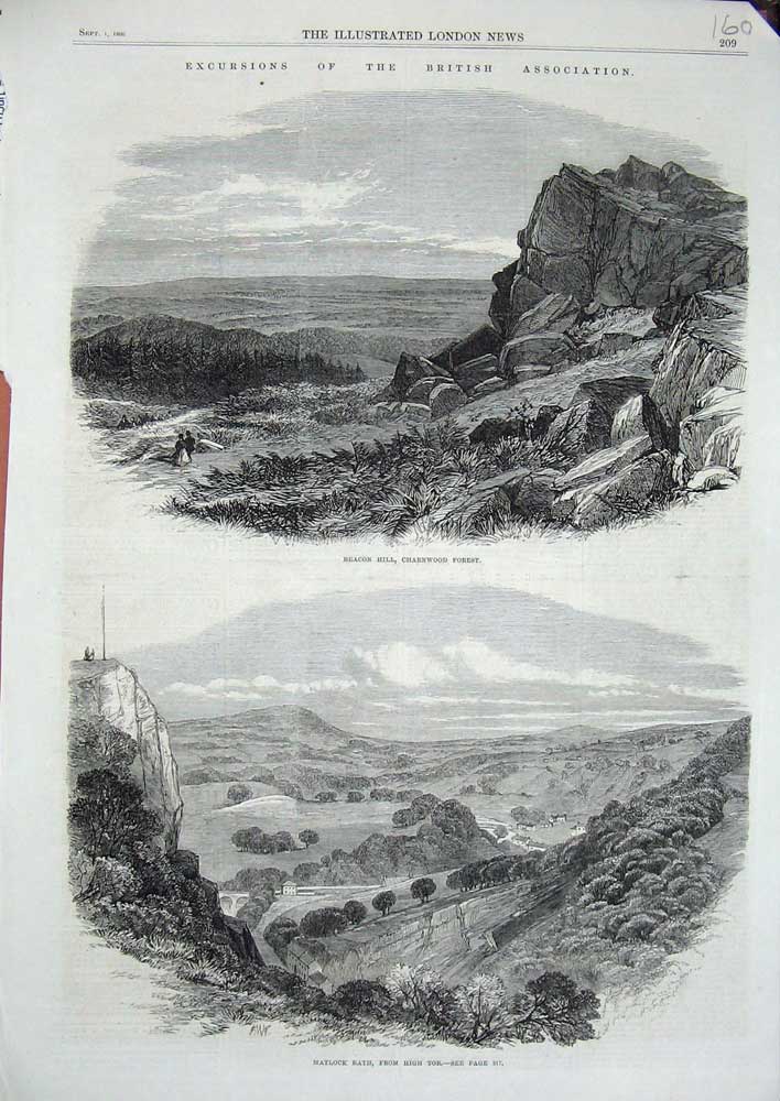 Old Antique Print 1866 Beacon Hill Charnwood Forest Matlock High Tor Bath 19th