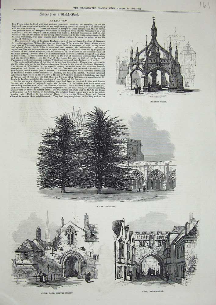 Old Antique Print 1872 Salisbury Market Cross Cloisters Gate Exeter High 19th
