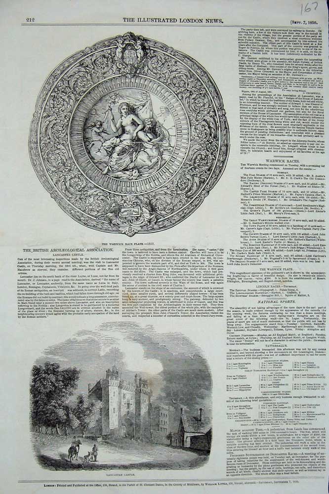 Original Old Antique Print 1850 Warwick Race Plate Lancaster Castle Archaeology