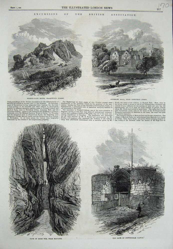 Original Old Antique Print 1866 Cave Matlock Nottingham Castle Charnwood Abbey