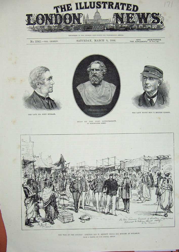 Old Antique Print 1884 War Soudan Admiral Hewett Souakim Longfellow Men 19th