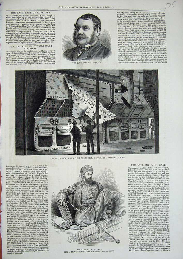 Old Antique Print 1876 Lane Earl Lonsdale Stokehole Thunderer Boiler Hole 19th