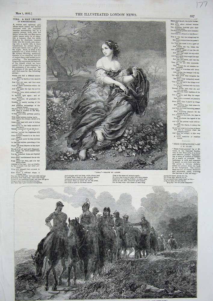 Original Old Antique Print Cora Lady Country 1852 Seirs Horses War Portland Art