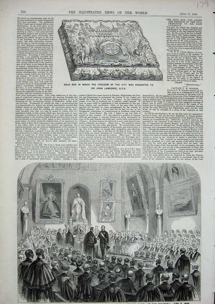 Original Old Antique Print 1859 GBox Freedom City John Lawrence Guildhall 19th