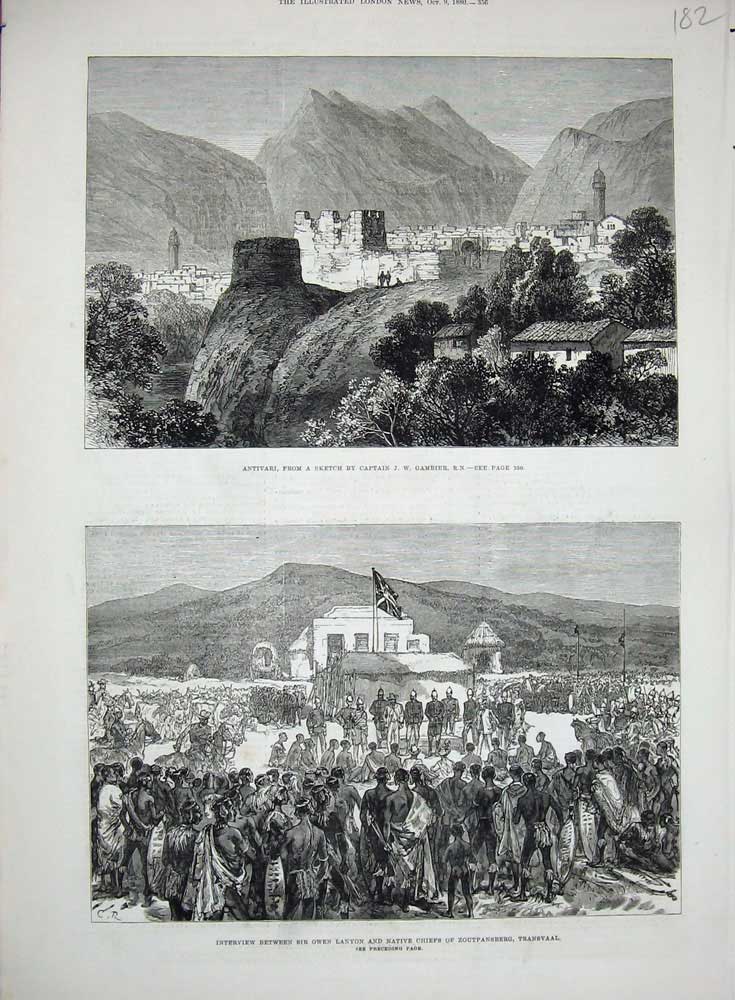 Original Old Antique Print 1880 Antivari Mountains Owen Lanyon Native Transvaal