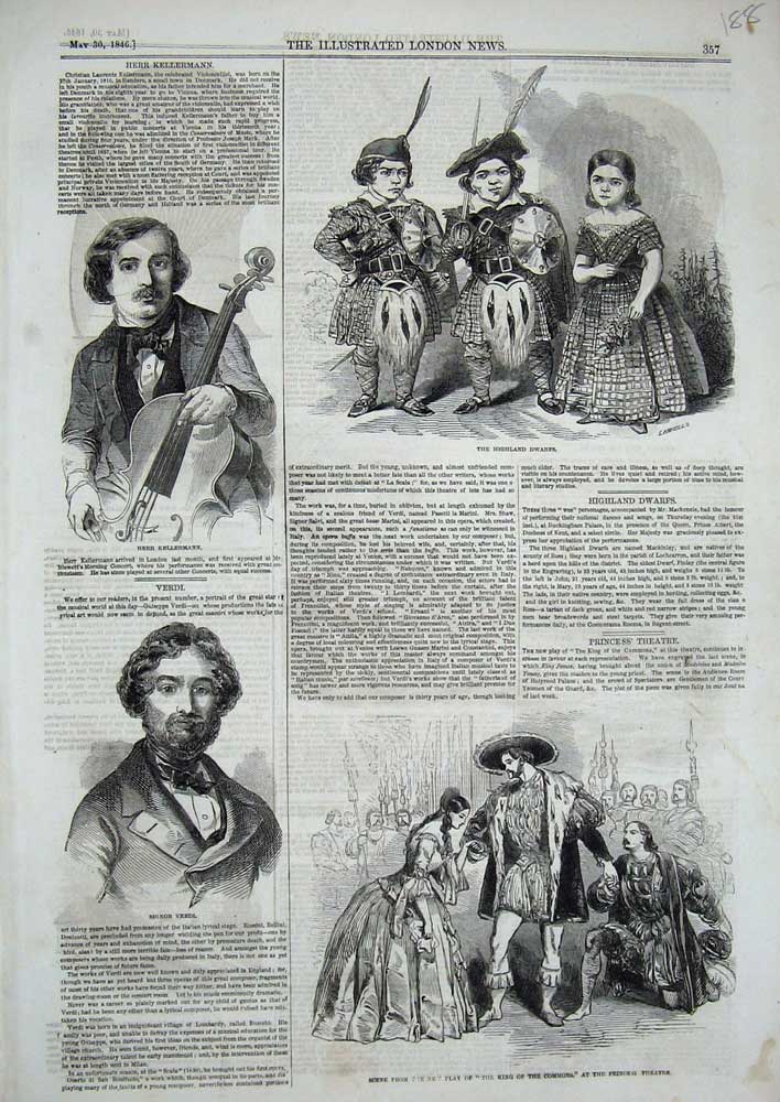 Old Antique Print 1846 King Commons Princess Theatre Scottish Dwarfs Herr 19th