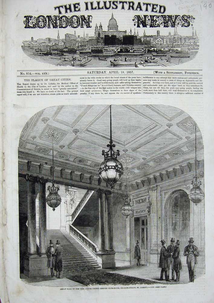 Old Antique Print 1857 Hall Junior United Service Club House St James'S 19th