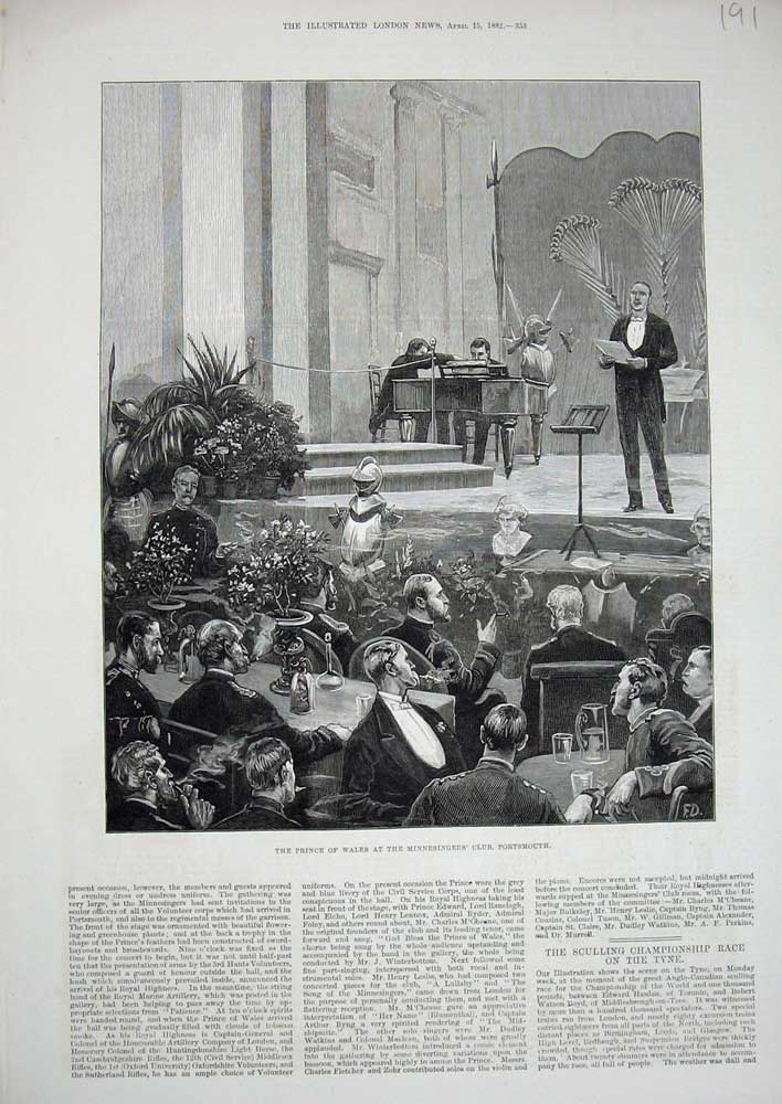 Old Antique Print 1882 Prince Wales Minnesinger'S Club Portsmouth Music 19th
