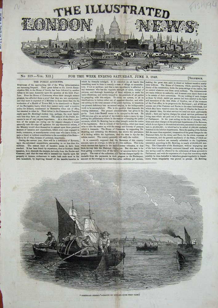 Original Old Antique Print 1848 Whitebait Fishing Men Nets Boats Duncan 19th