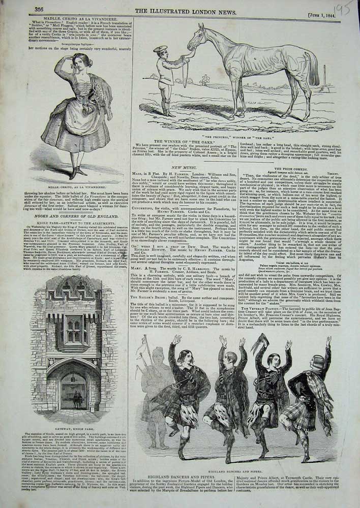 Old Antique Print 1844 Highland Dancers Pipers Knole Park Horse Princess 19th