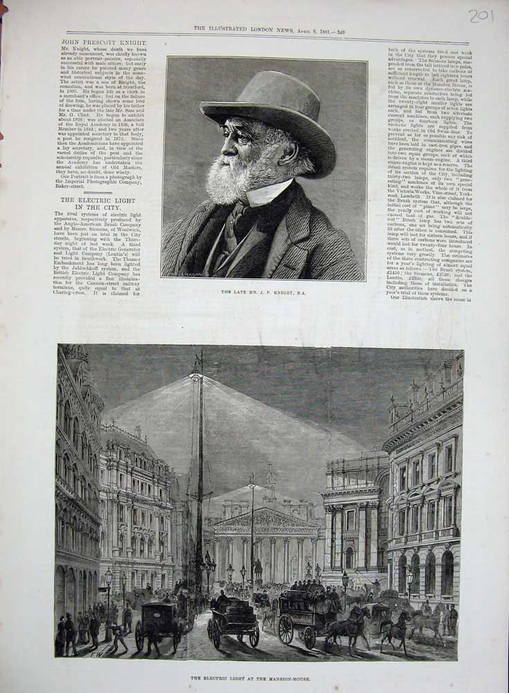 Old Antique Print 1881 John Prescott Knight Electric Light Mansion House 19th