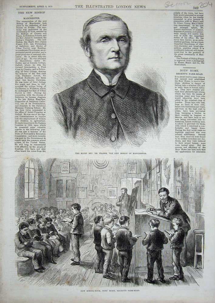 Old Antique Print 1870 School Boys Regents Park Fraser Bishop Manchester 19th