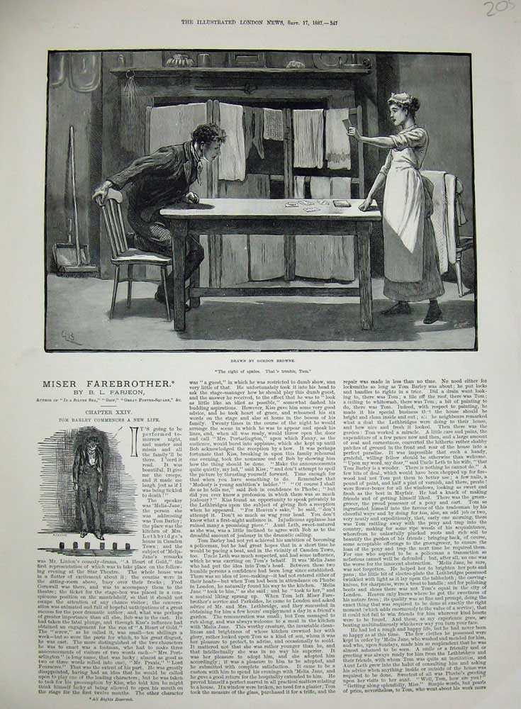 Old Antique Print 1887 Gordon Browne Tom Barley Sitting Table Chair Maid 19th