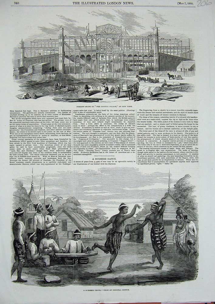 Original Old Antique Print 1853 Burmese Dance Crystal Palace New York America