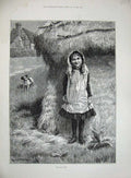 Original Old Antique Print 1884 Dollman Fine Art Little Girl Farm Dog Haystack