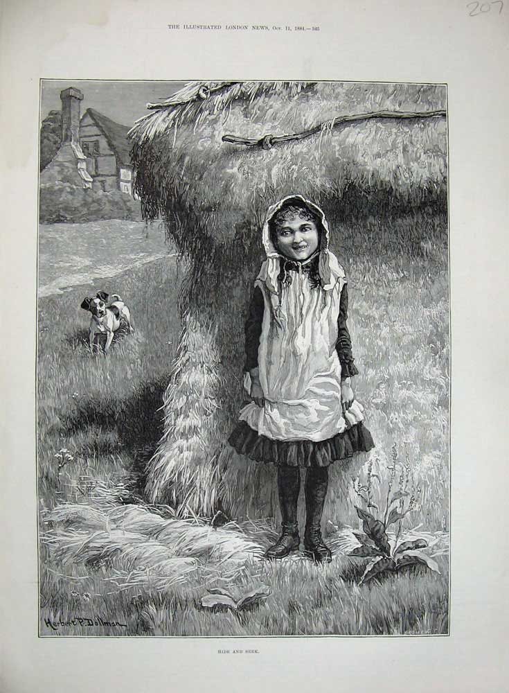 Original Old Antique Print 1884 Dollman Fine Art Little Girl Farm Dog Haystack